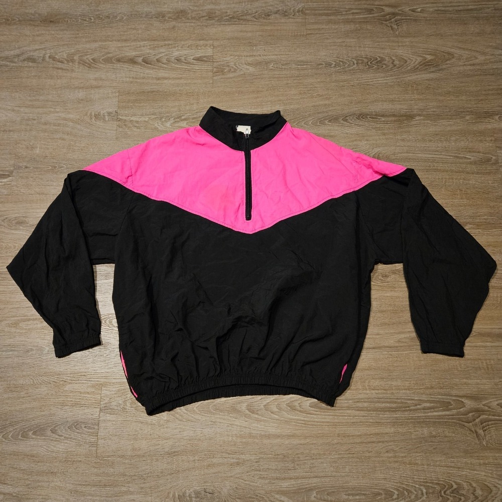 Vintage Surf Style Neon Pink Black Colorblock 1/4 Zip Windbreaker Jacket One Sz